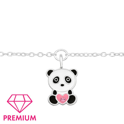 Kids panda bracelet with crystal accents in 925 sterling silver by Belumiee, featuring a cute panda design and sparkling crystals.