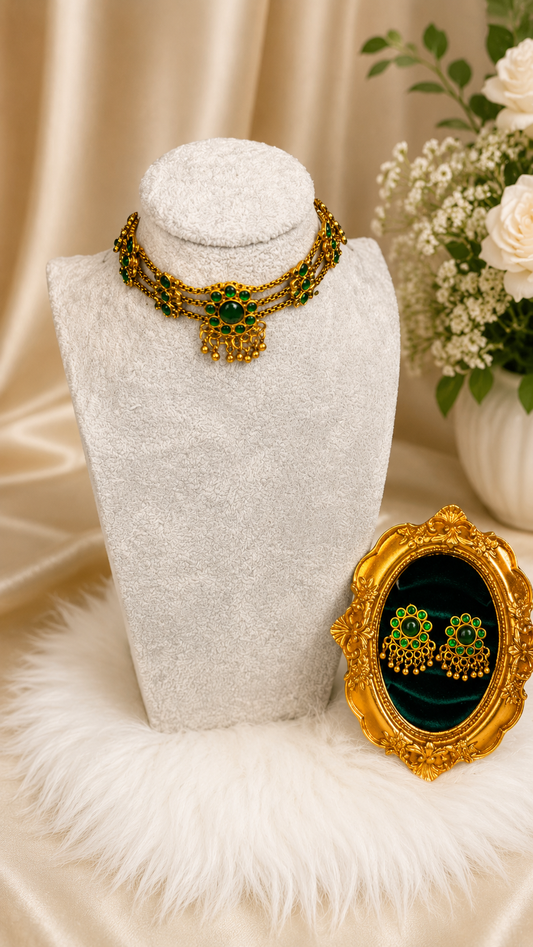 Gold-tone floral stone traditional necklace and earrings set by Belumiee with intricate floral designs and matching jewelry pieces.