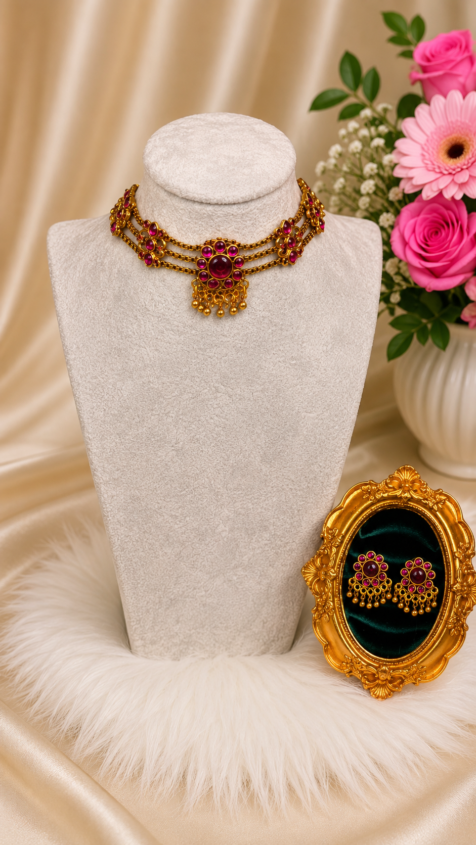 Gold-tone floral stone traditional necklace and earrings set with pink accents, crafted by Belumiee for elegant traditional wear.