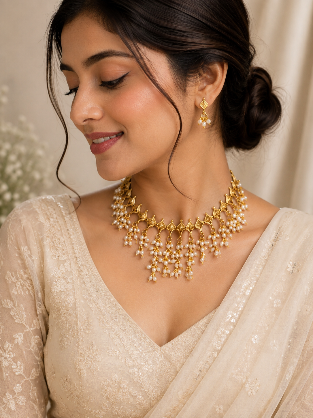 Gold pearl layered traditional necklace and matching earrings set by Belumiee, featuring intricate design and elegant gold finish.