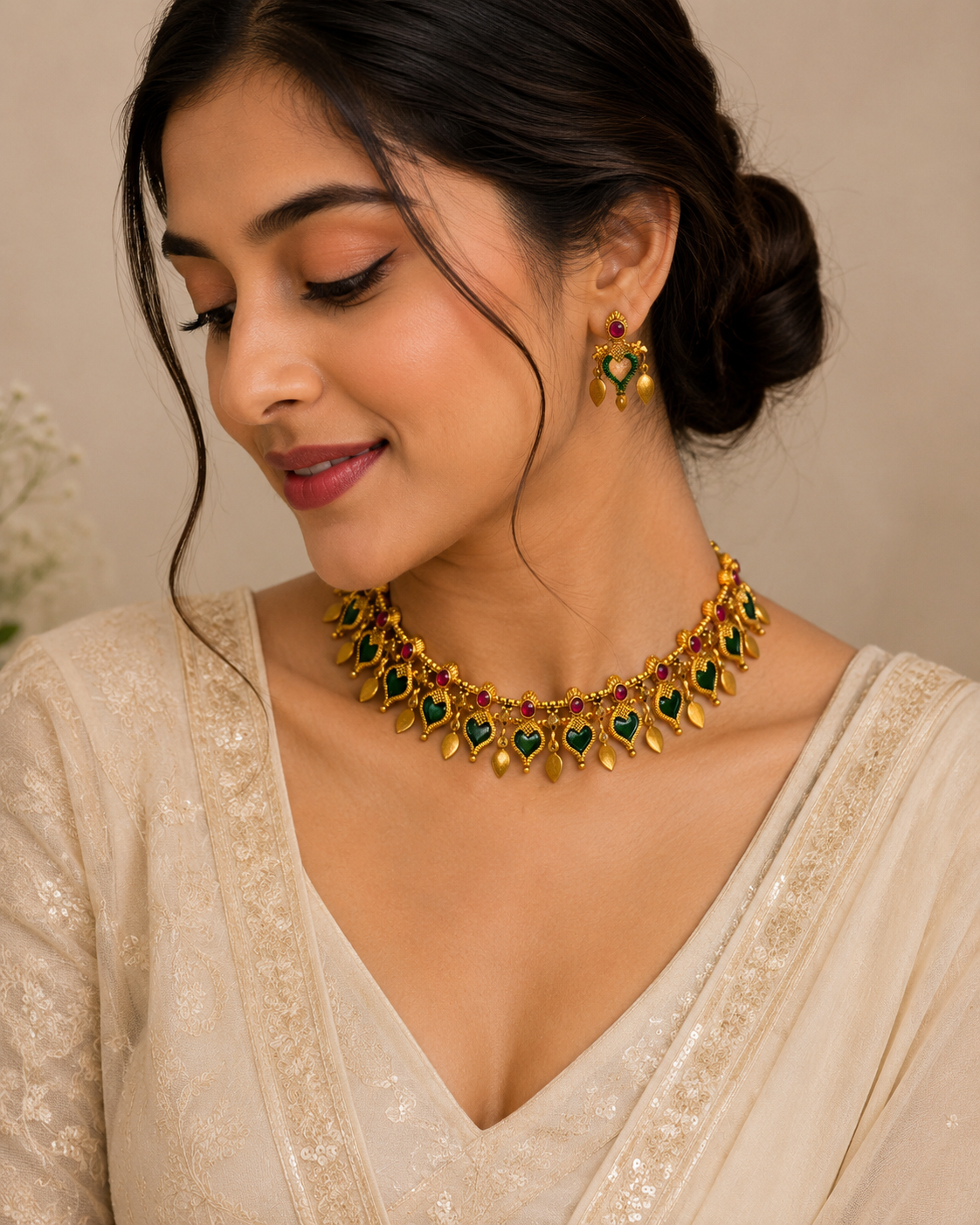 Traditional green and red gold-tone leaf drop necklace and earrings set by Belumiee, featuring intricate leaf design.