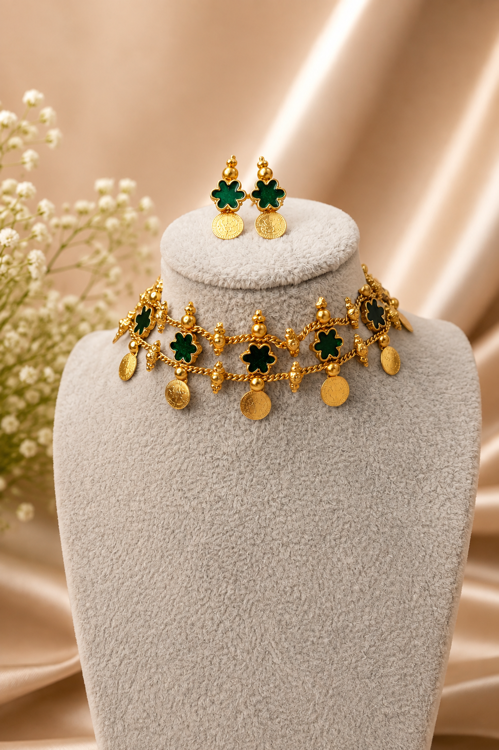 Belumiee Kerala Clover Coin Choker Set featuring intricate coin pendant necklaces on a delicate chain.