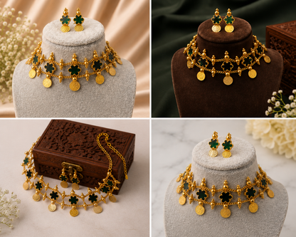 Belumiee Kerala Clover Coin Choker Set featuring intricate coin details and traditional design on a jewelry display.