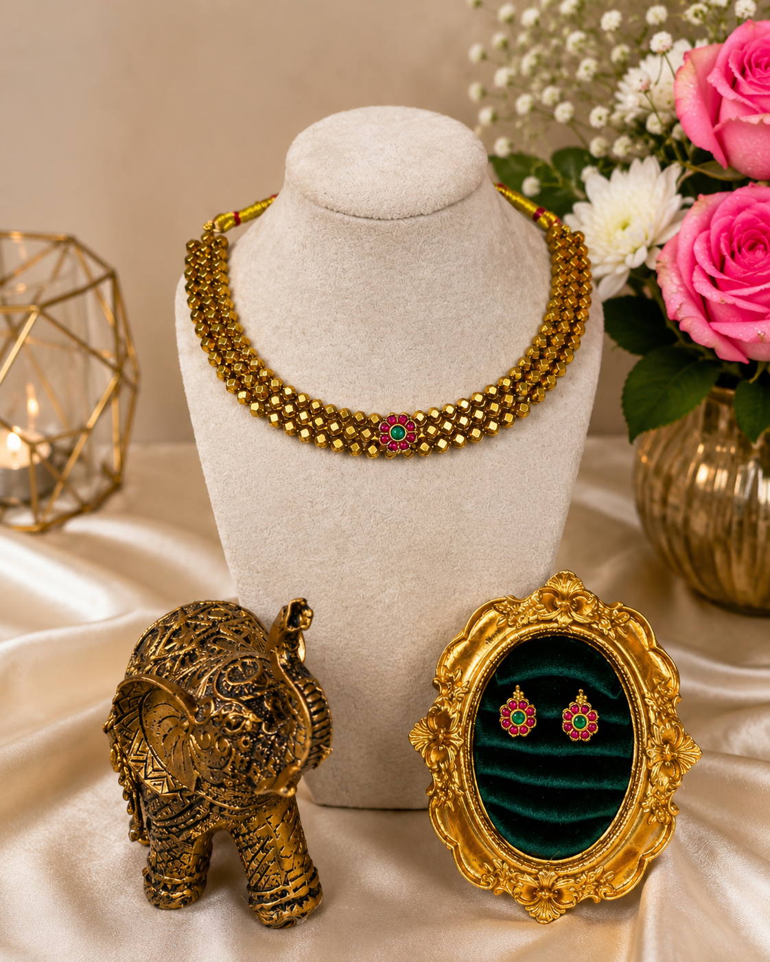 Traditional Kemp stone beaded necklace set with intricate design, featuring multiple strands and vibrant bead accents.