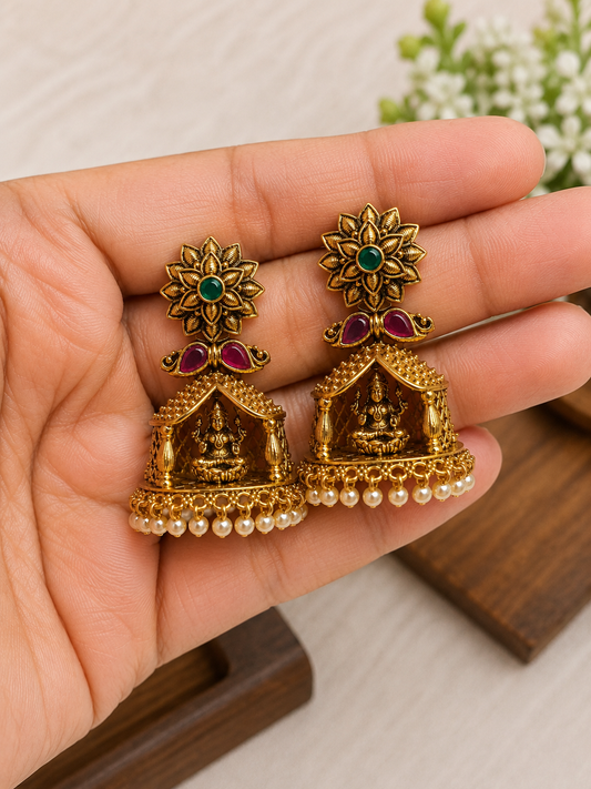 Lakshmi Temple Pearl Jhumka Earrings