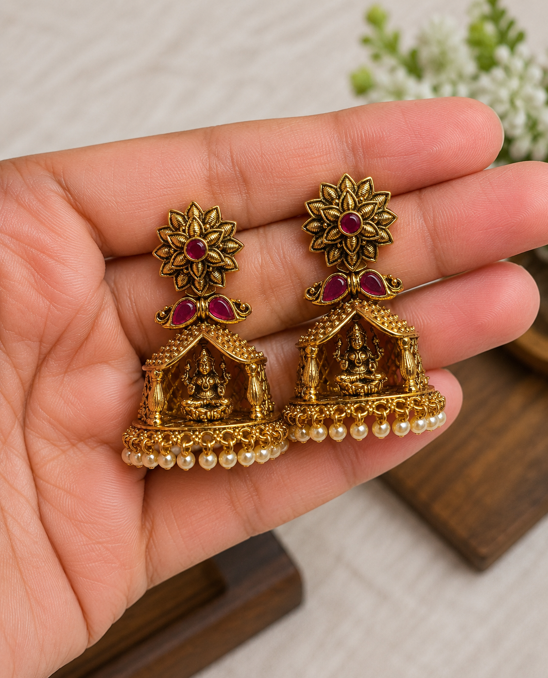 Lakshmi Temple Pearl Jhumka Earrings