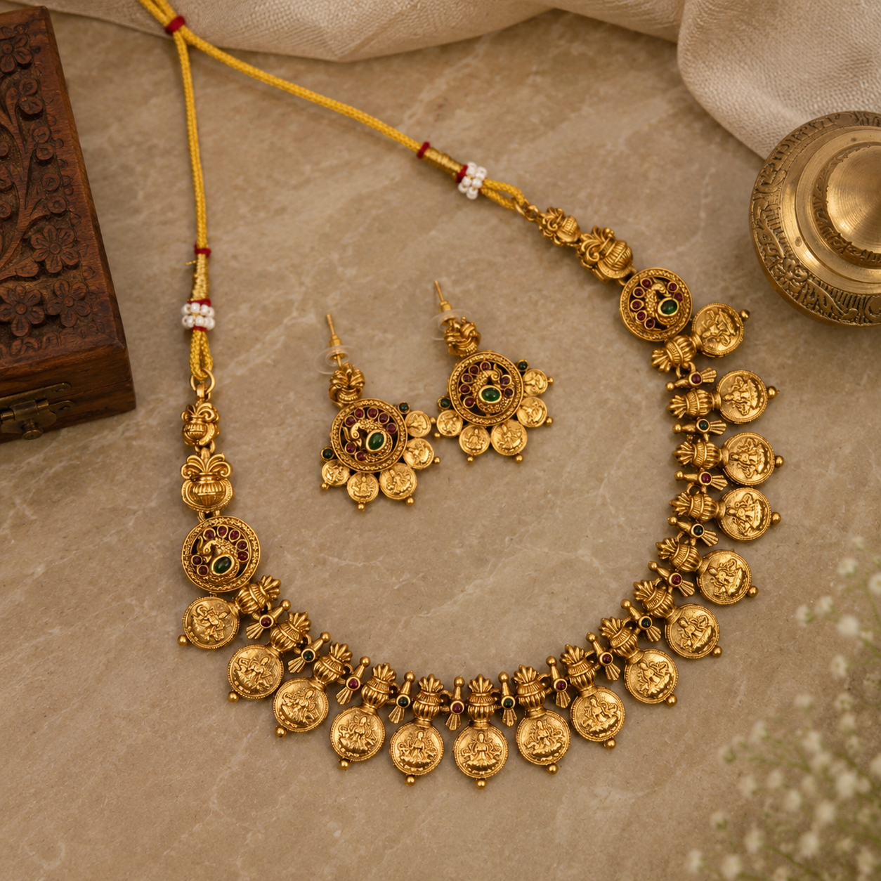 An ornate gold-toned jewelry set laid out on a beige stone surface, including a necklace with dangling round motifs, matching drop earrings, and a yellow cord. The set is styled with decorative props such as a carved wooden box, a brass vessel, and draped fabric.
