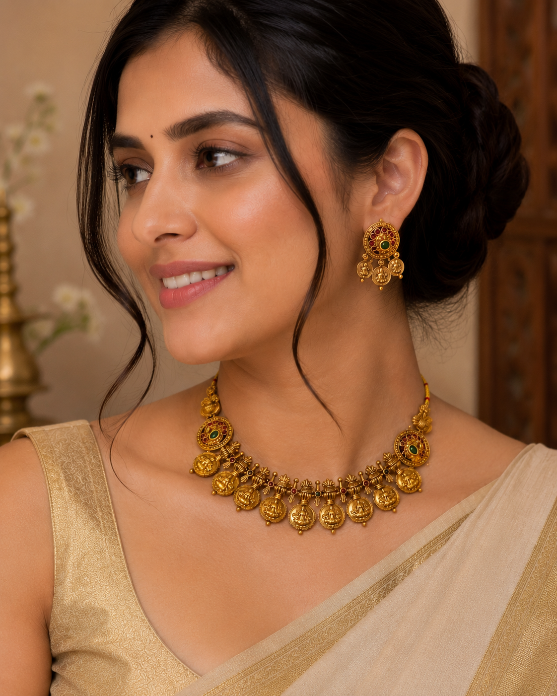 A woman wearing a gold-toned traditional necklace and matching earrings, styled with a beige sari. The jewelry features ornate filigree and small red and green stone accents.
