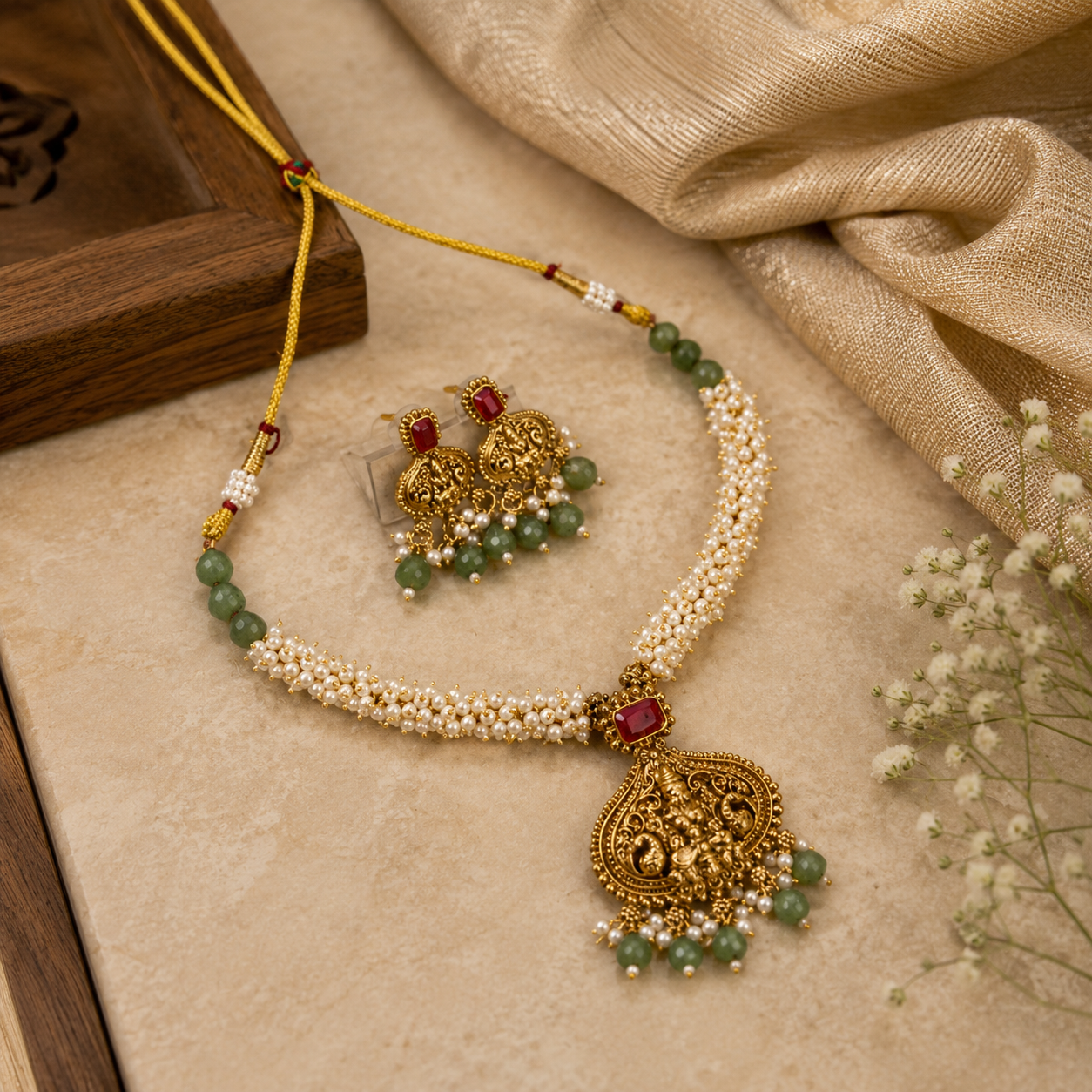 An ornate traditional Indian jewelry set featuring a necklace and matching earrings. The necklace has a double-strand pearl-beaded chain with green bead accents, a gold jhumka pendant with a red stone, and a large detailed gold pendant.