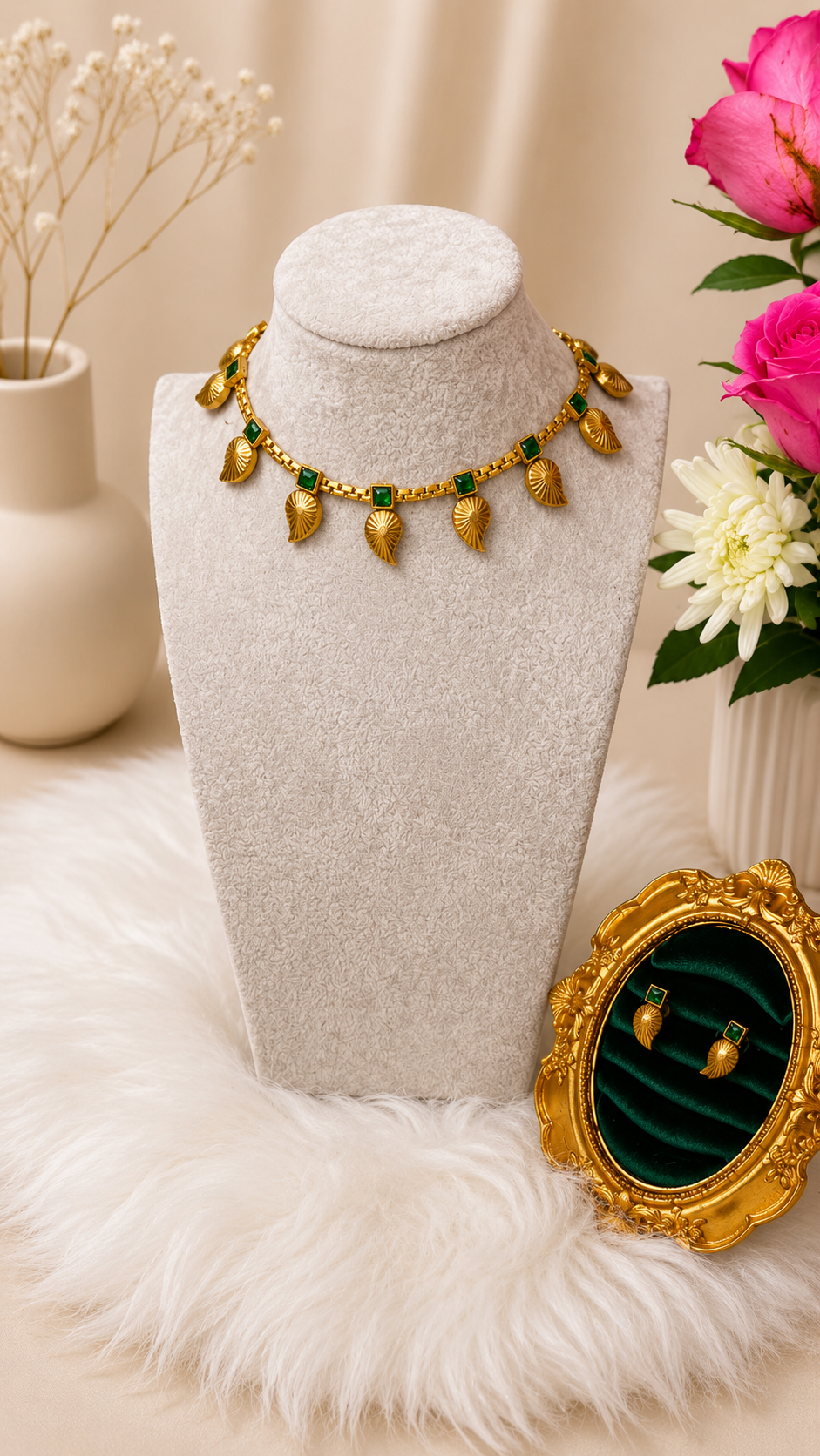 Traditional Manga Leaf Drop Necklace Set by Belumiee, featuring intricate leaf pendant designs and matching jewelry pieces.