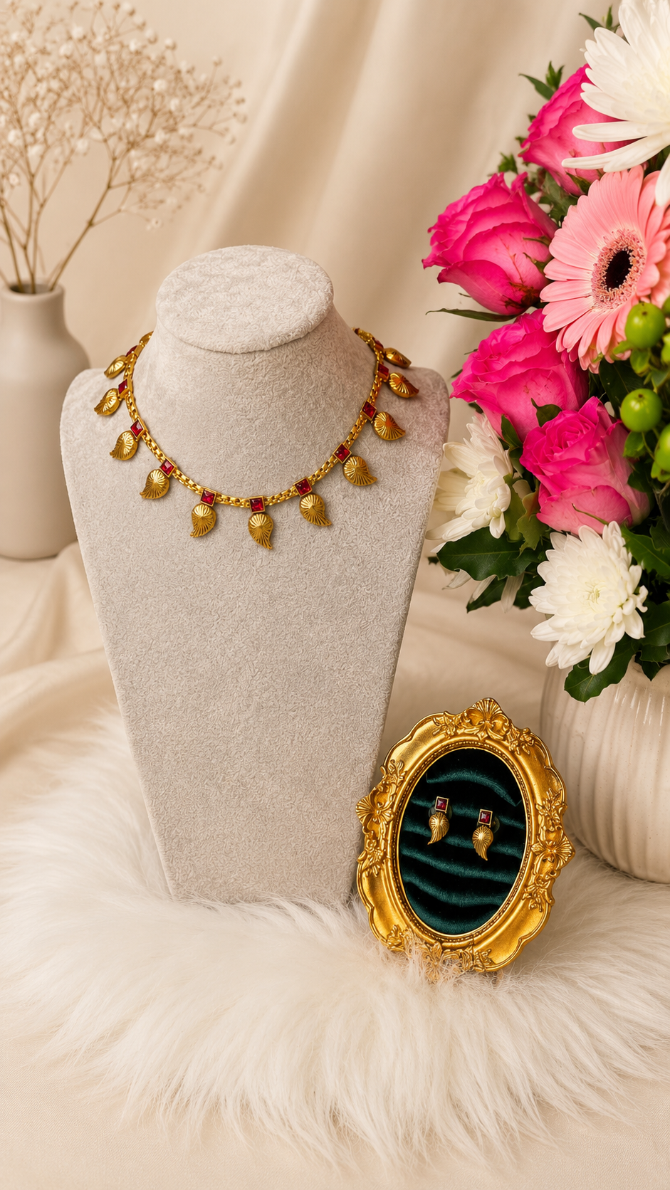 Traditional Manga Leaf Drop Necklace Set by Belumiee, featuring intricate leaf-shaped pendant and matching earrings.