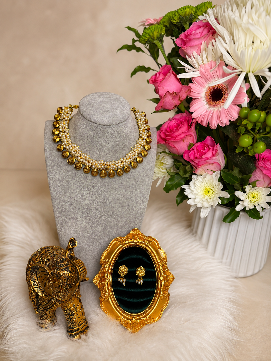Traditional Muthu Kasu Mala necklace set by Belumiee featuring intricate gold-tone design and matching earrings.