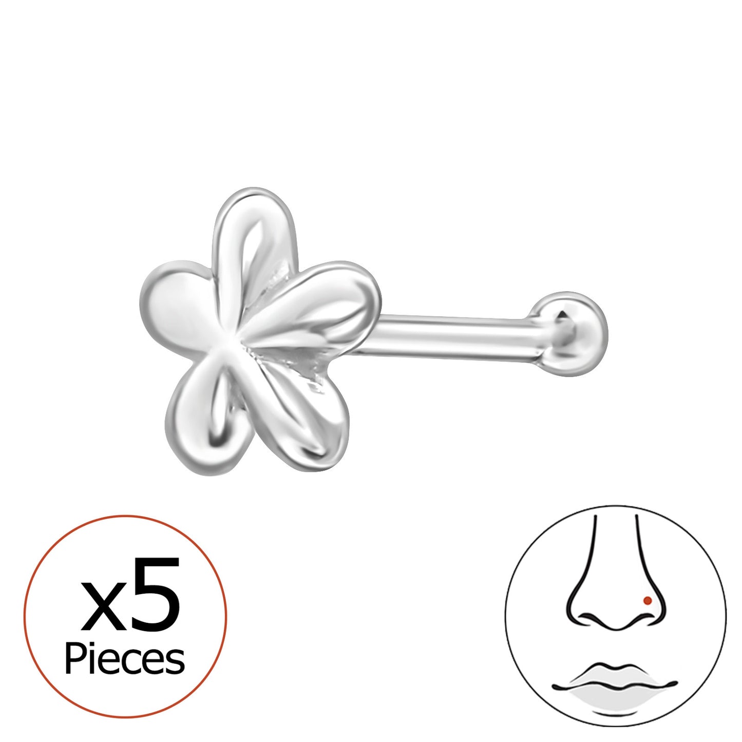 Sterling silver flower nose stud in 22G with a delicate floral design, suitable for nose piercing.