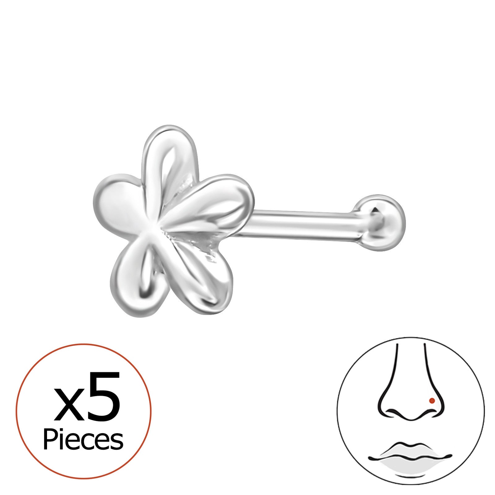 Sterling silver flower nose stud in 22G with a delicate floral design, suitable for nose piercing.