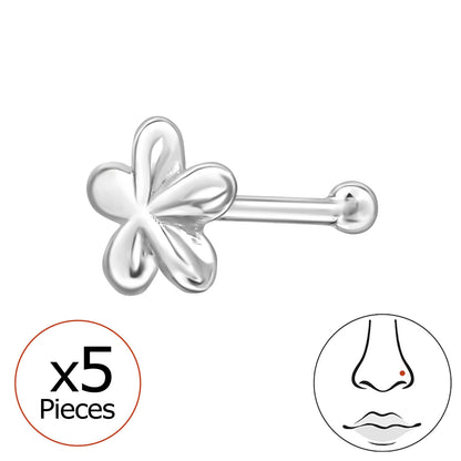 Sterling silver flower nose stud in 22G with a delicate floral design, suitable for nose piercing.