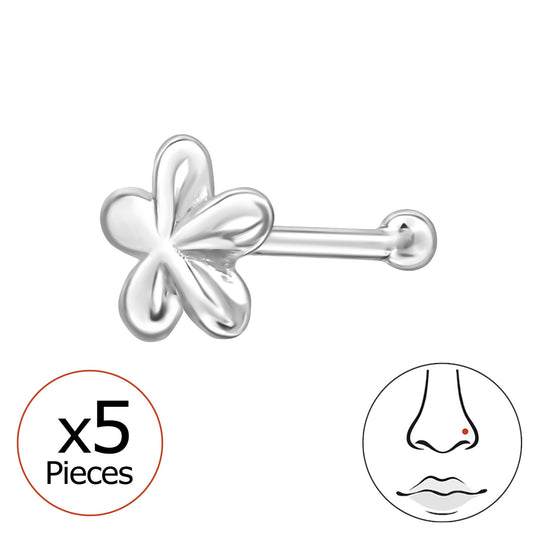 Sterling silver flower nose stud in 22G with a delicate floral design, suitable for nose piercing.