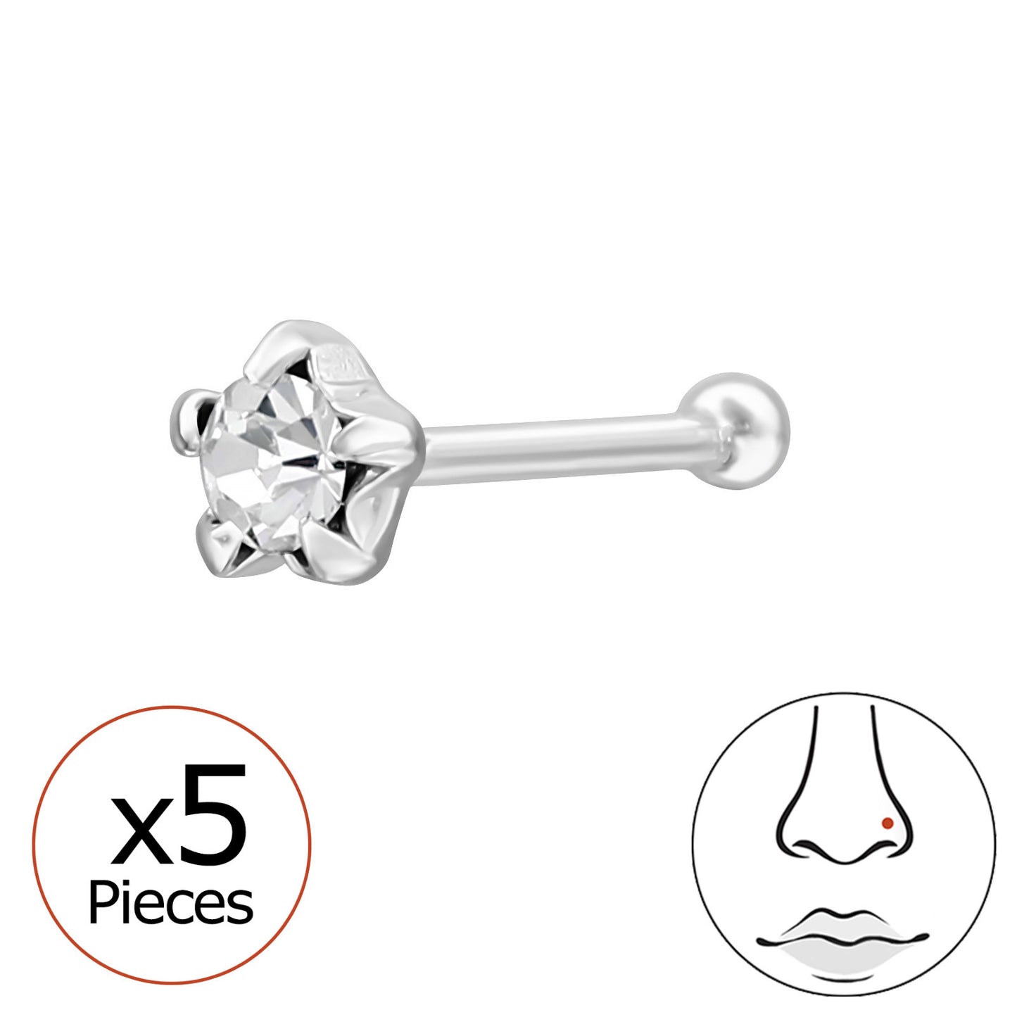 Sterling silver Star Crystal nose stud in 22G with a sparkling crystal, featuring a sleek and stylish design.