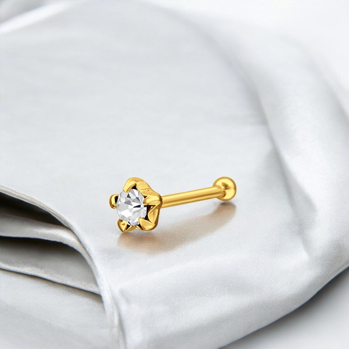Sterling silver Star Crystal nose stud in 22G size, Belumiee brand, with a sparkling star-shaped crystal design.