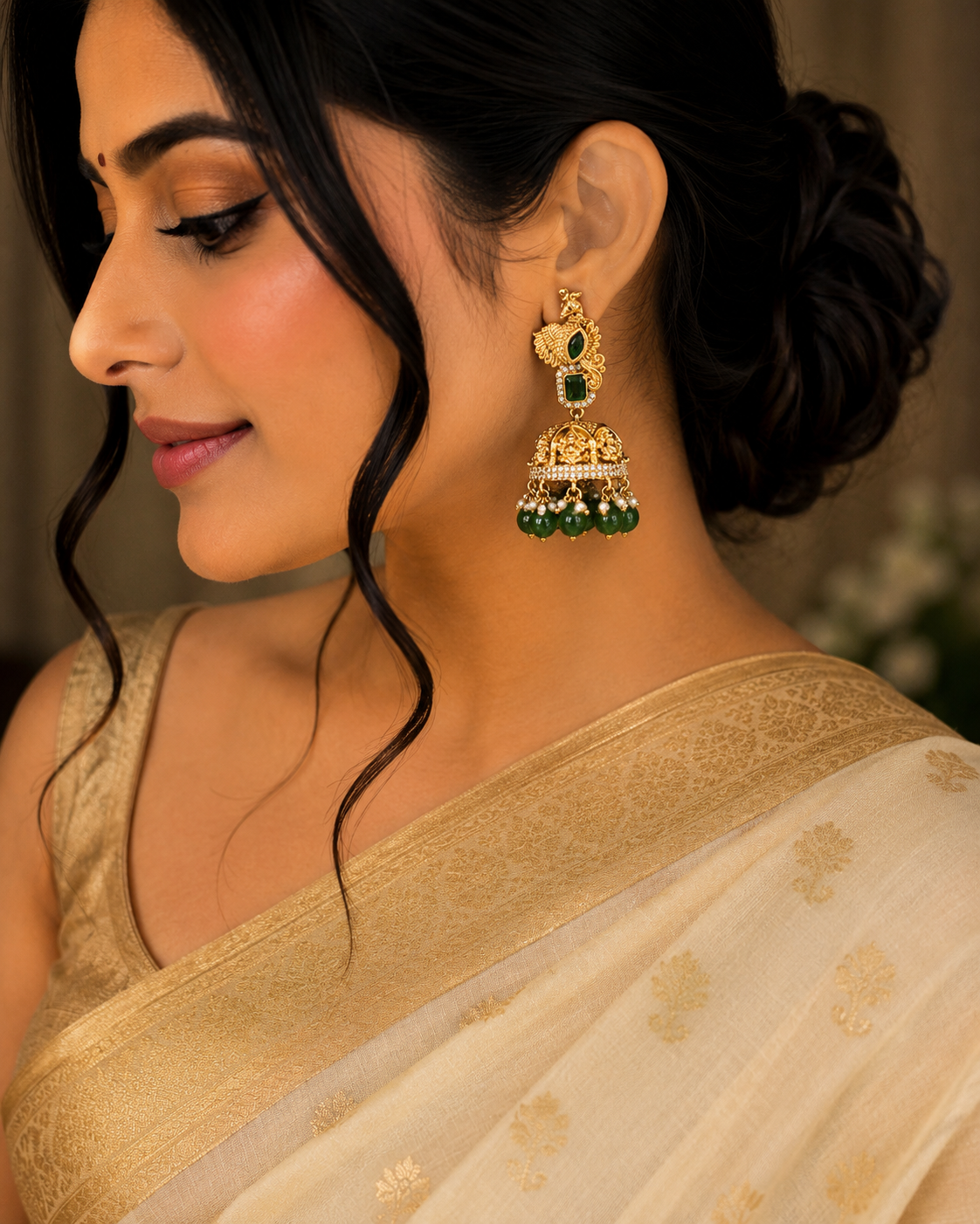 A woman in profile wearing a cream-colored saree with gold zari embroidery and a matching gold blouse, featuring a prominent gold and green jhumka earring.