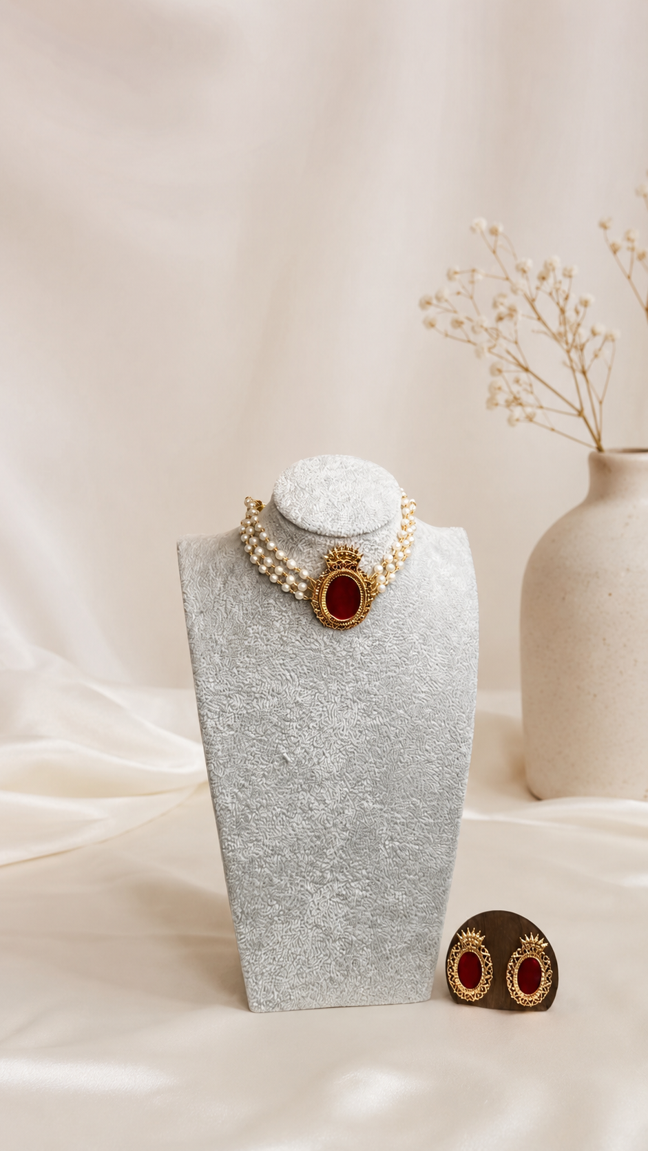 Traditional pearl layered necklace and earrings set by Belumiee, featuring elegant white pearls and intricate design details.