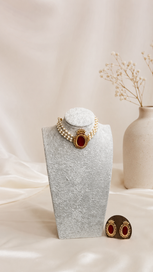 Traditional pearl layered necklace and earrings set by Belumiee, featuring elegant white pearls and intricate design details.