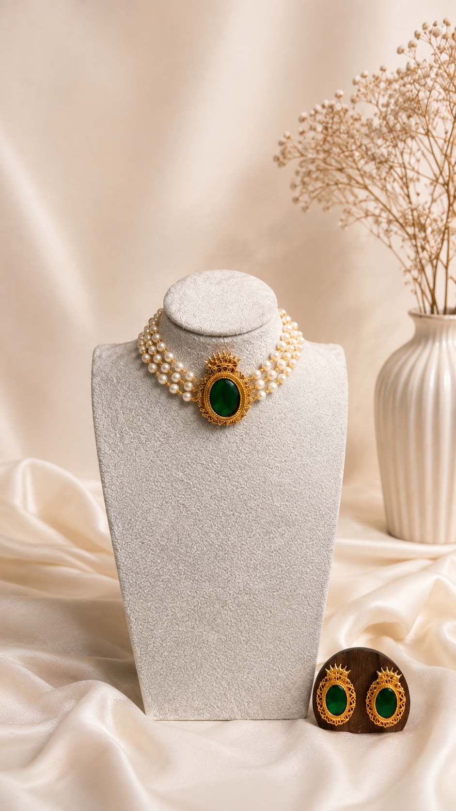 Traditional pearl layered necklace and earrings set by Belumiee, featuring elegant pearl design and intricate craftsmanship.