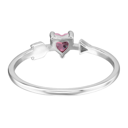 Sterling silver Heart & Arrow ring with pink and white accents, crafted by Belumiee, featuring a detailed heart and arrow design.