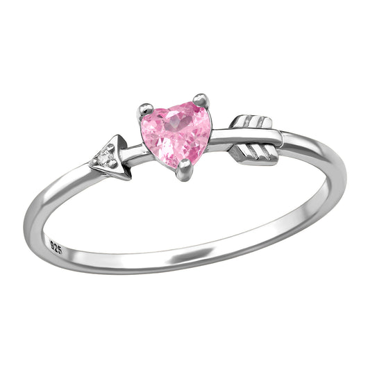 Sterling silver Heart & Arrow ring by Belumiee featuring a pink and white design, showcasing intricate heart and arrow details.