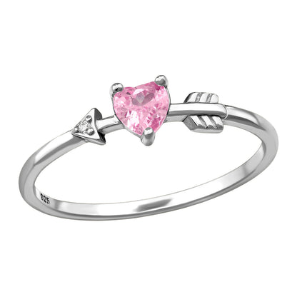 Sterling silver Heart & Arrow ring by Belumiee, featuring a pink and white design with intricate heart and arrow details.
