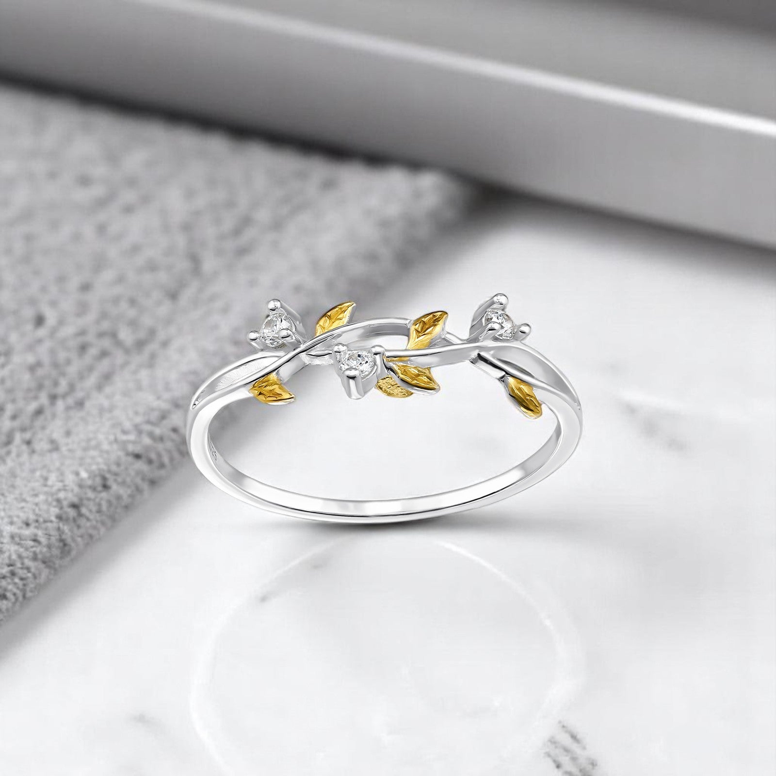 Sterling silver Leaf Two-Tone Ring by Belumiee, featuring a detailed leaf design with contrasting silver tones.