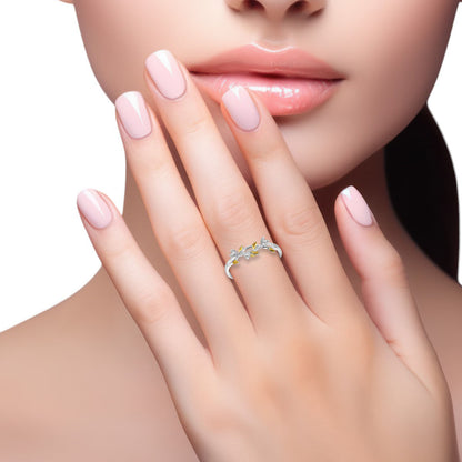 Two-tone sterling silver Leaf ring by Belumiee, featuring intricate leaf design and polished finish.