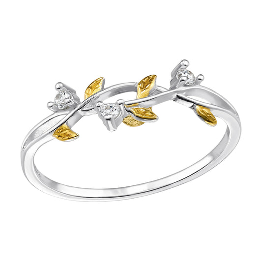 Sterling silver Leaf Two-Tone ring by Belumiee featuring a detailed leaf design and mixed metal finish.