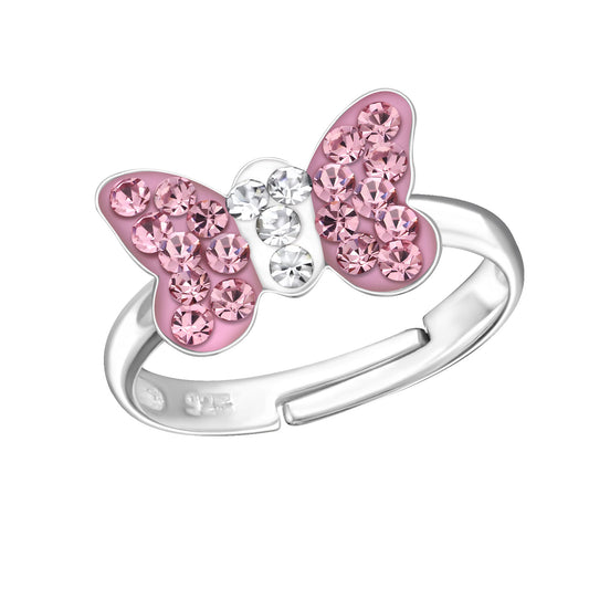 Kids Silver Butterfly Adjustable Ring with Crystal – 925 Sterling Silver | Belumiee