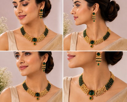 Traditional Royal Pearl Cascade Necklace Set by Belumiee featuring elegant pearl and intricate design elements.