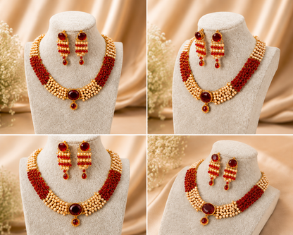 Traditional Royal Pearl Cascade Necklace Set by Belumiee featuring elegant pearl strands and intricate gold detailing.