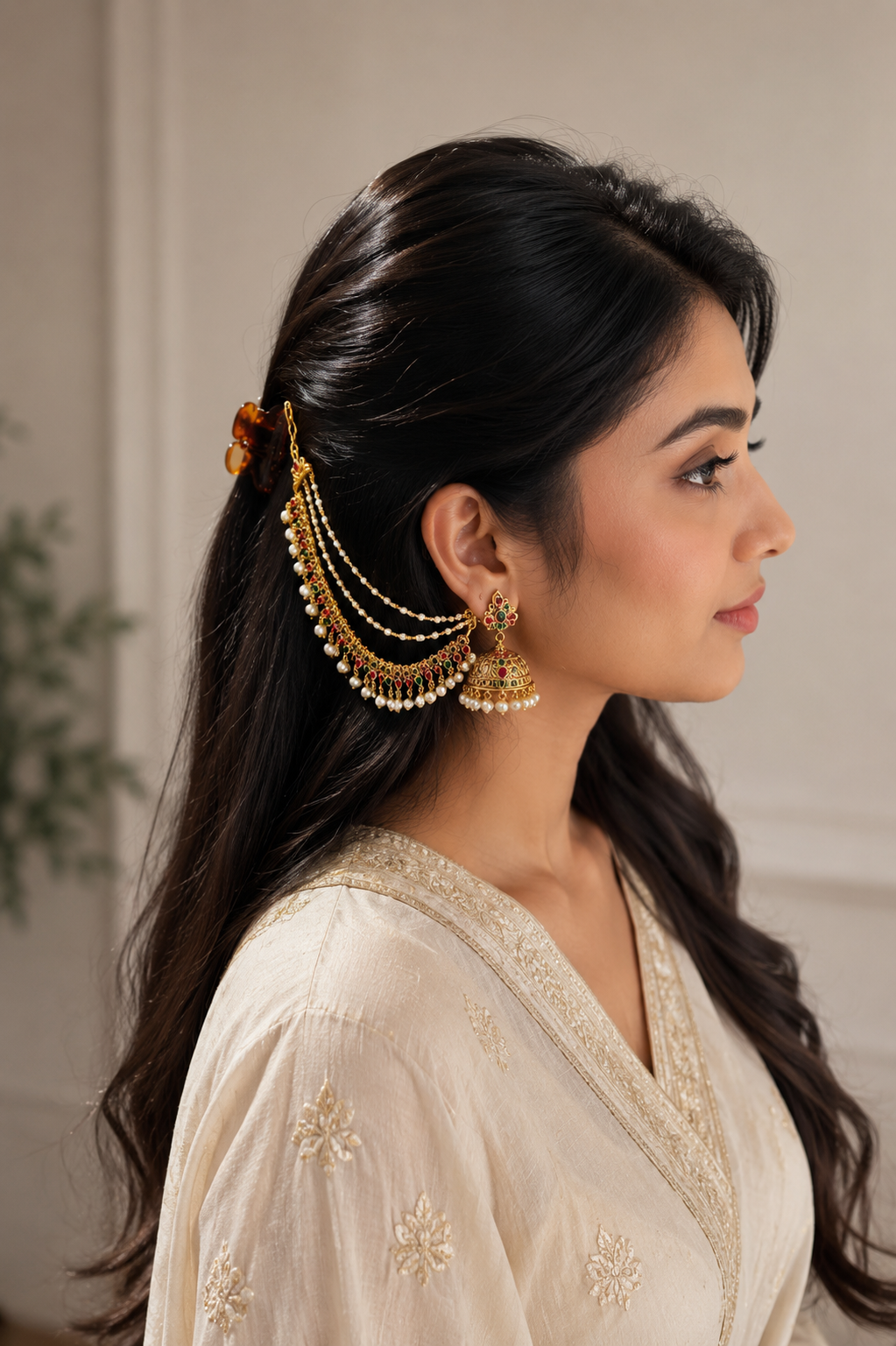 Elegant Royal Temple Pearl Ear Chain by Belumiee featuring intricate pearl design for traditional and stylish ear adornment.