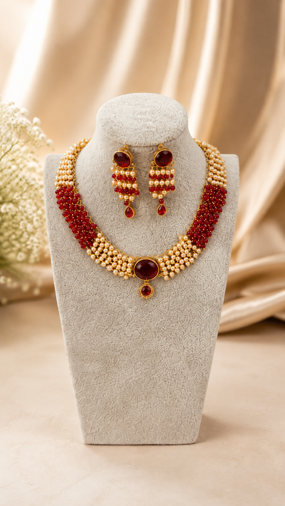 Elegant traditional Royal Pearl Cascade Necklace Set by Belumiee featuring cascading pearls and intricate design.