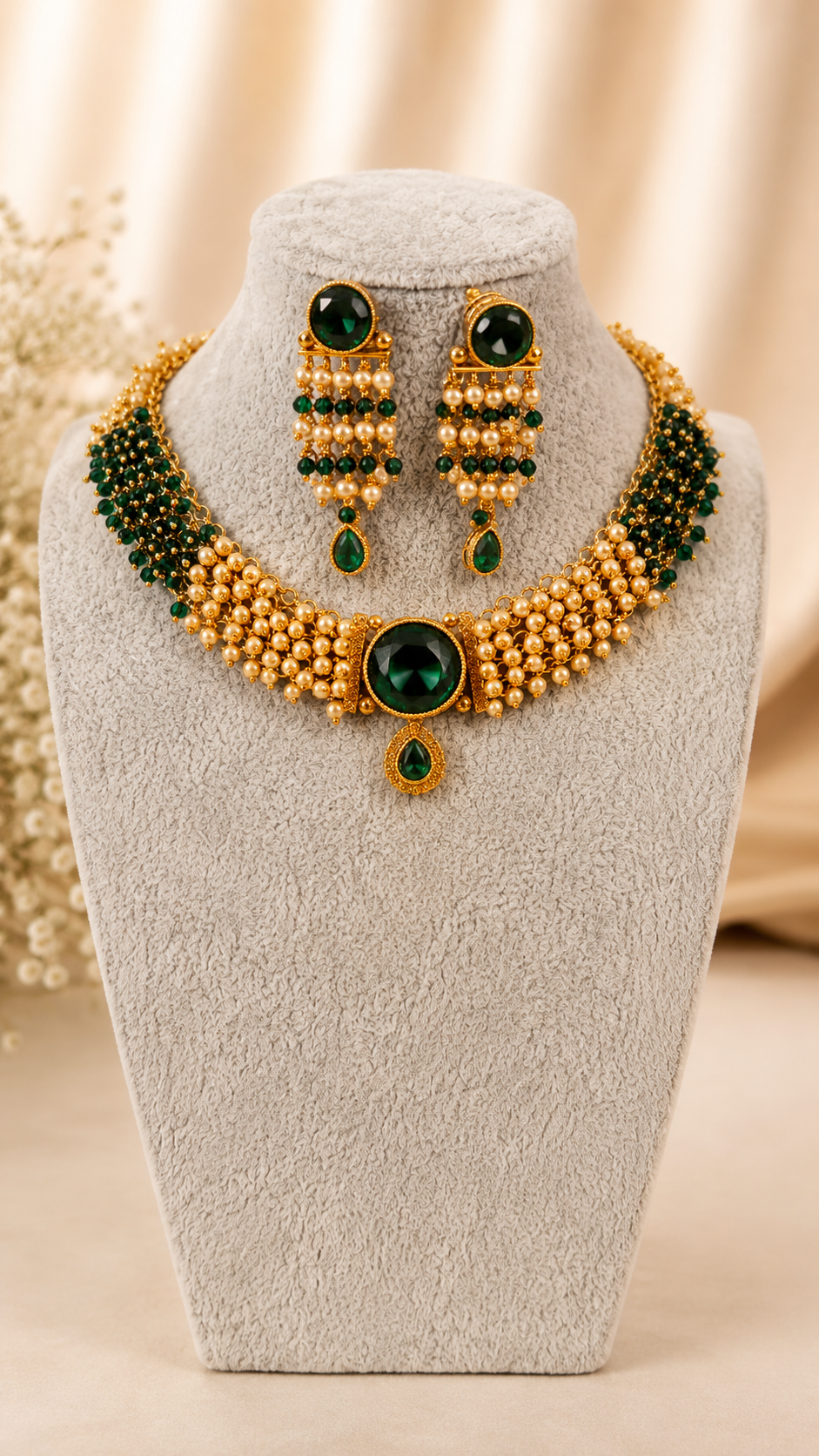 Traditional Royal Pearl Cascade Necklace Set by Belumiee featuring intricate pearl and gold details on a stunning necklace and earrings set.