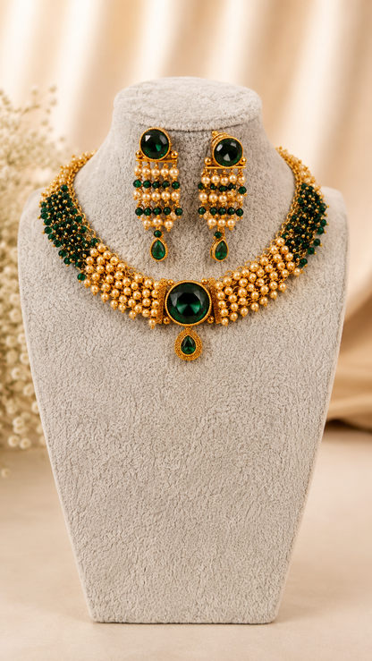 Traditional Royal Pearl Cascade Necklace Set by Belumiee featuring intricate pearl and gold details on a stunning necklace and earrings set.