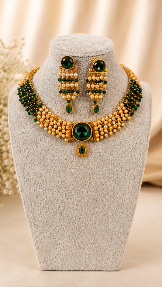 Traditional Royal Pearl Cascade Necklace Set by Belumiee featuring intricate pearl and gold details on a stunning necklace and earrings set.