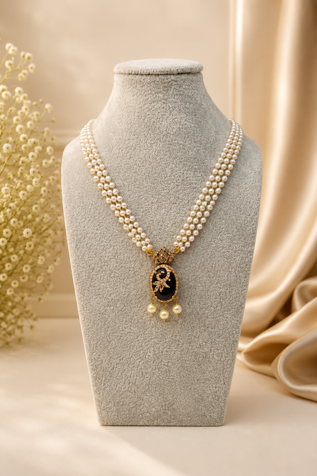 Elegant royal pearl pendant necklace set by Belumiee featuring a matching pearl pendant and chain on a neutral background.