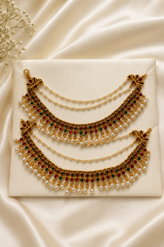 Elegant pearl ear chain by Belumiee featuring a royal temple design, displayed on a white background with intricate details.