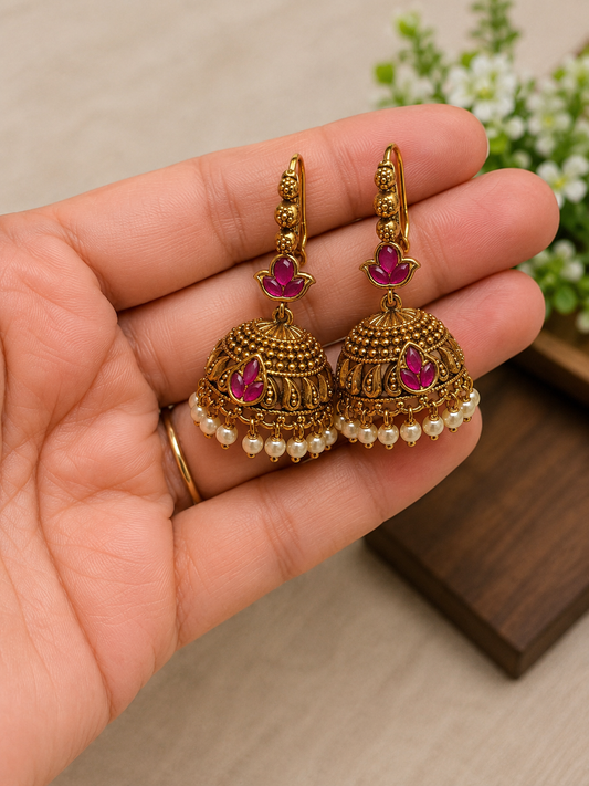 Ruby Lotus Temple Jhumka Earrings