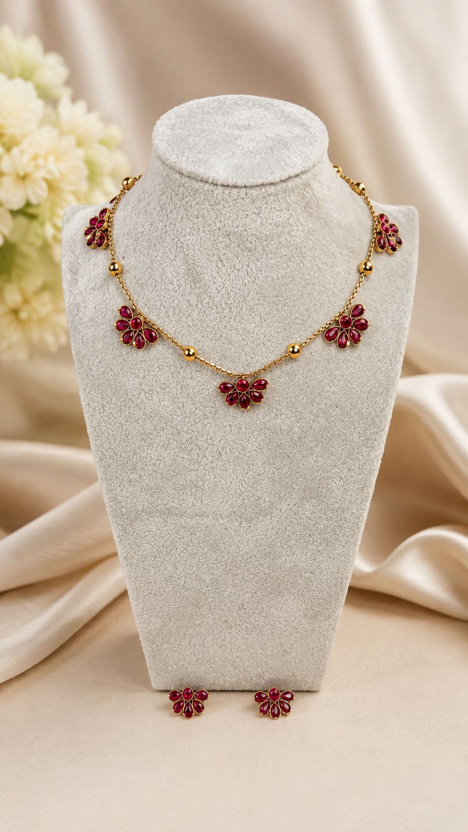 Traditional ruby floral necklace set by Belumiee, featuring intricate temple design with matching earrings and detailed craftsmanship.