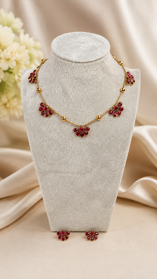 Traditional ruby floral necklace set by Belumiee, featuring intricate temple design with matching earrings and detailed craftsmanship.