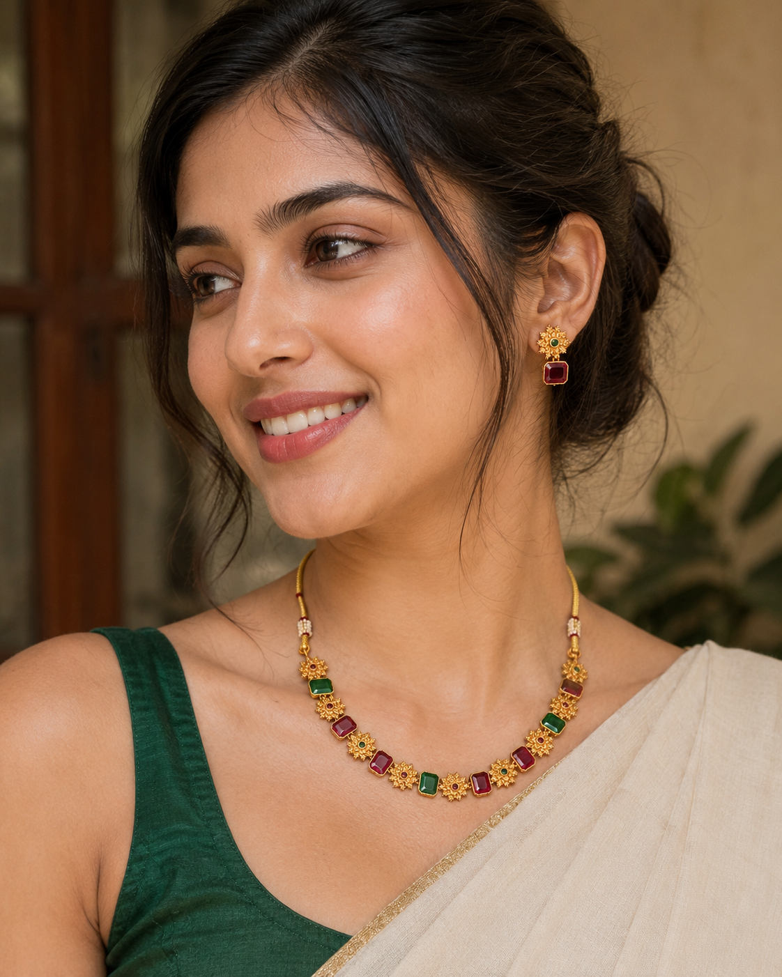 A woman wearing a gold necklace and matching gold earring with red and green stones, paired with a green blouse and cream sari.