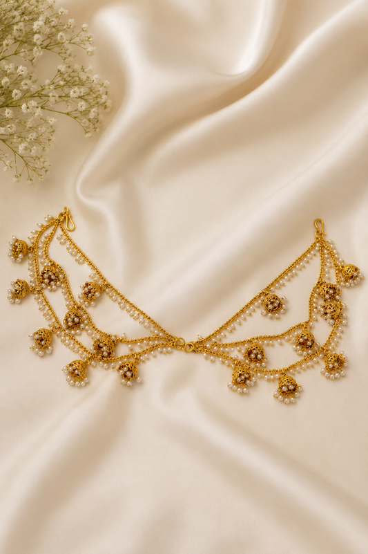 Elegant Royal Pearl Jhumka Ear Chain by Belumiee featuring intricate pearl and gold design for traditional Indian jewelry.
