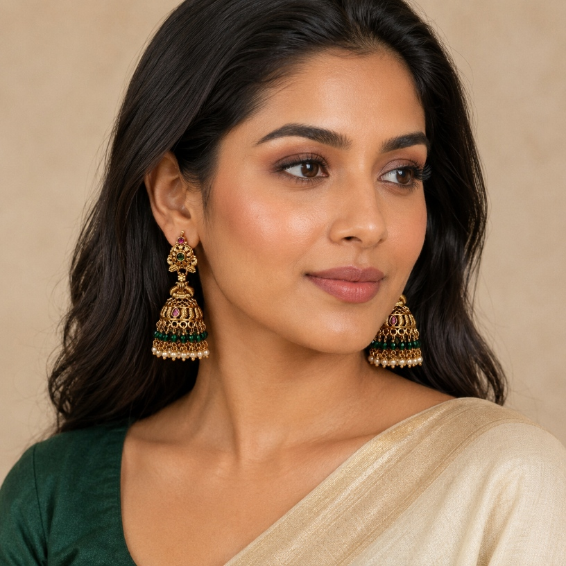 Model wearing emerald green antique gold beaded jhumka earrings
