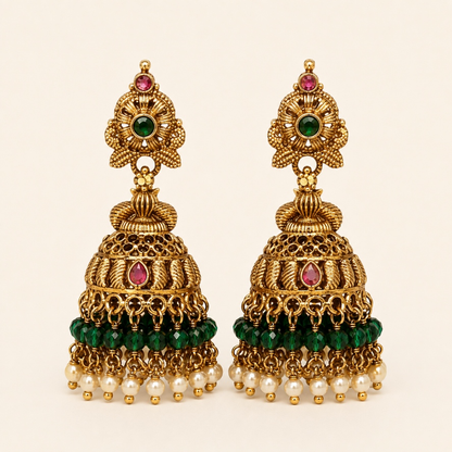 Emerald green antique gold beaded jhumka earrings with pearl drops