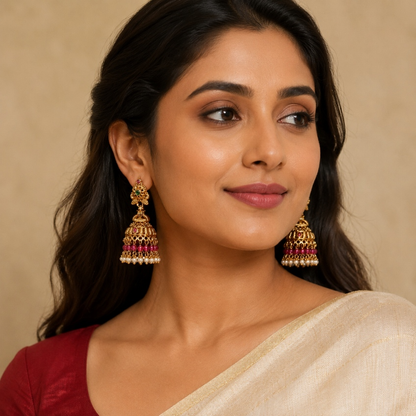 Model wearing ruby antique gold beaded jhumka earrings